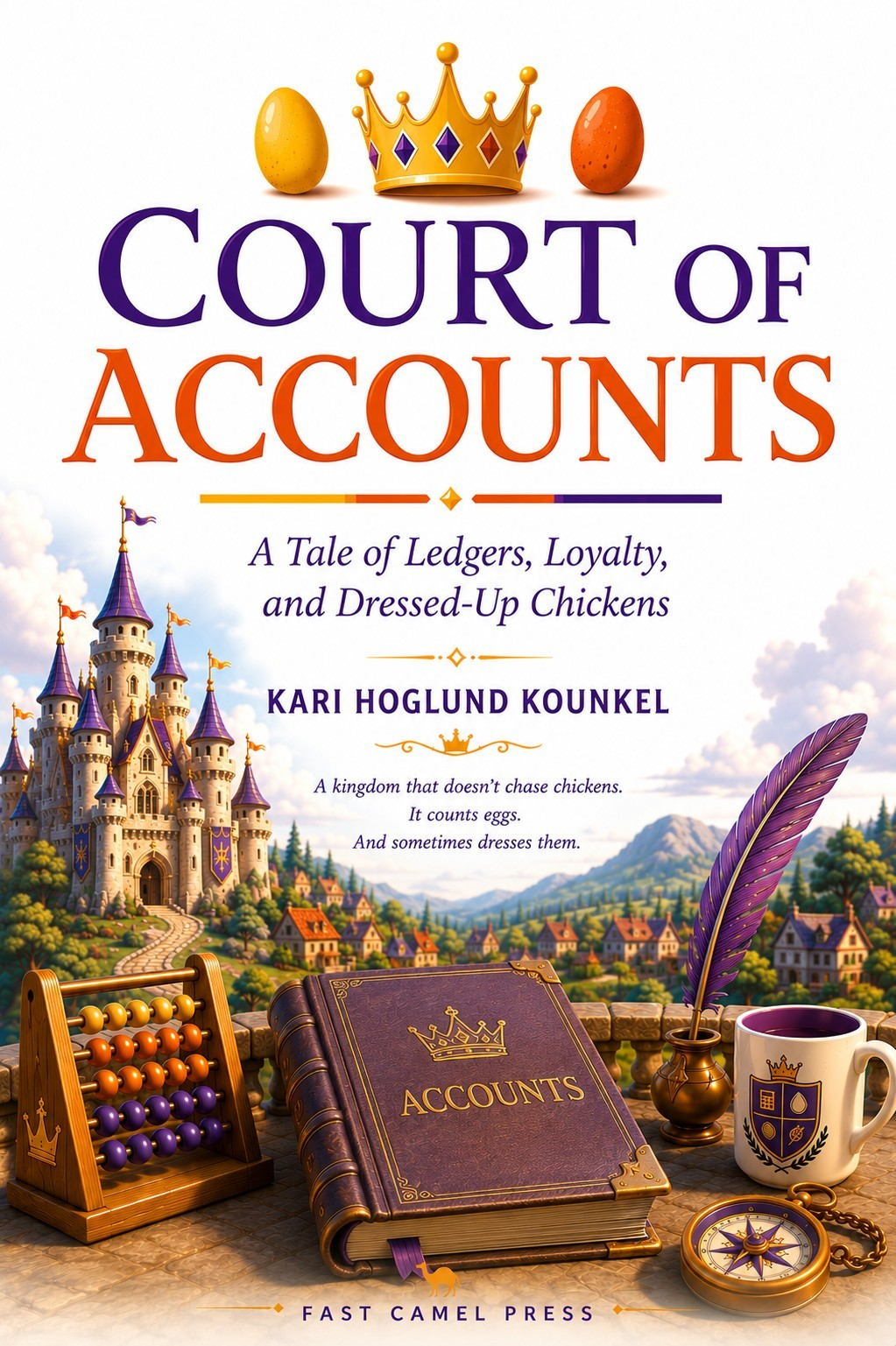 Court of Accounts — a royal purple ledger, a golden crown, and dressed-up eggs before a castle